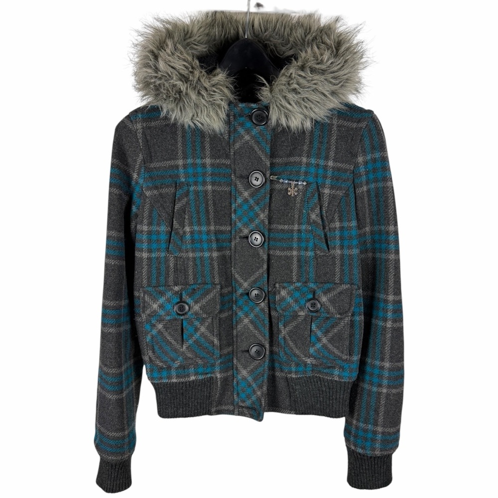 Women’s Y2K Aeropostale Fur Sherpa Lined Plaid Grunge Style Jacket Size M